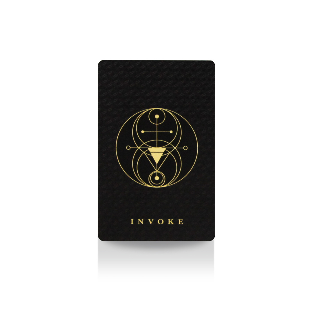black oracle code card, gold coding, invoke, white background