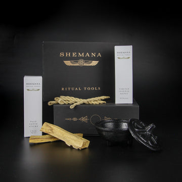 palo santo sticks and incense ropes with cauldron in black gift box and Shemana logo