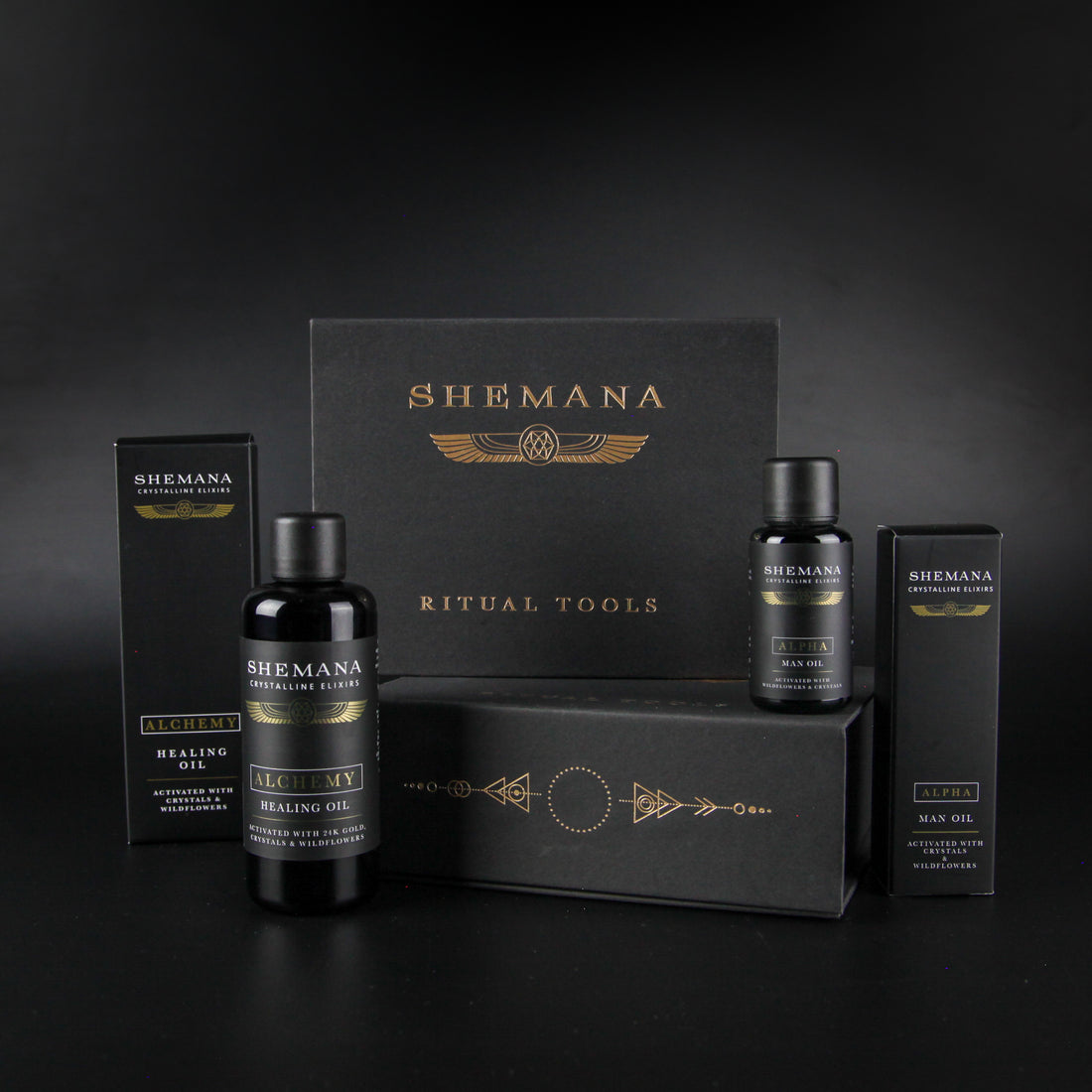body face and beard oil in miron glass black gift box with Shemana logo 