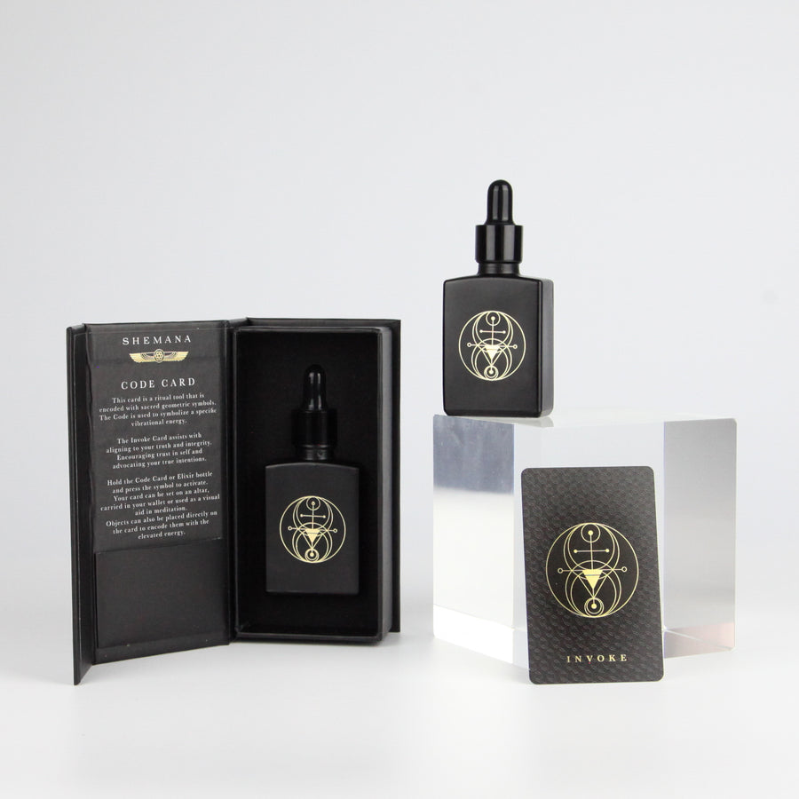 INVOKE OPEN BOX SYMBOL, Black Magnetic perfume box, black glass perfume bottle, Code card, Gold Shemana Logo