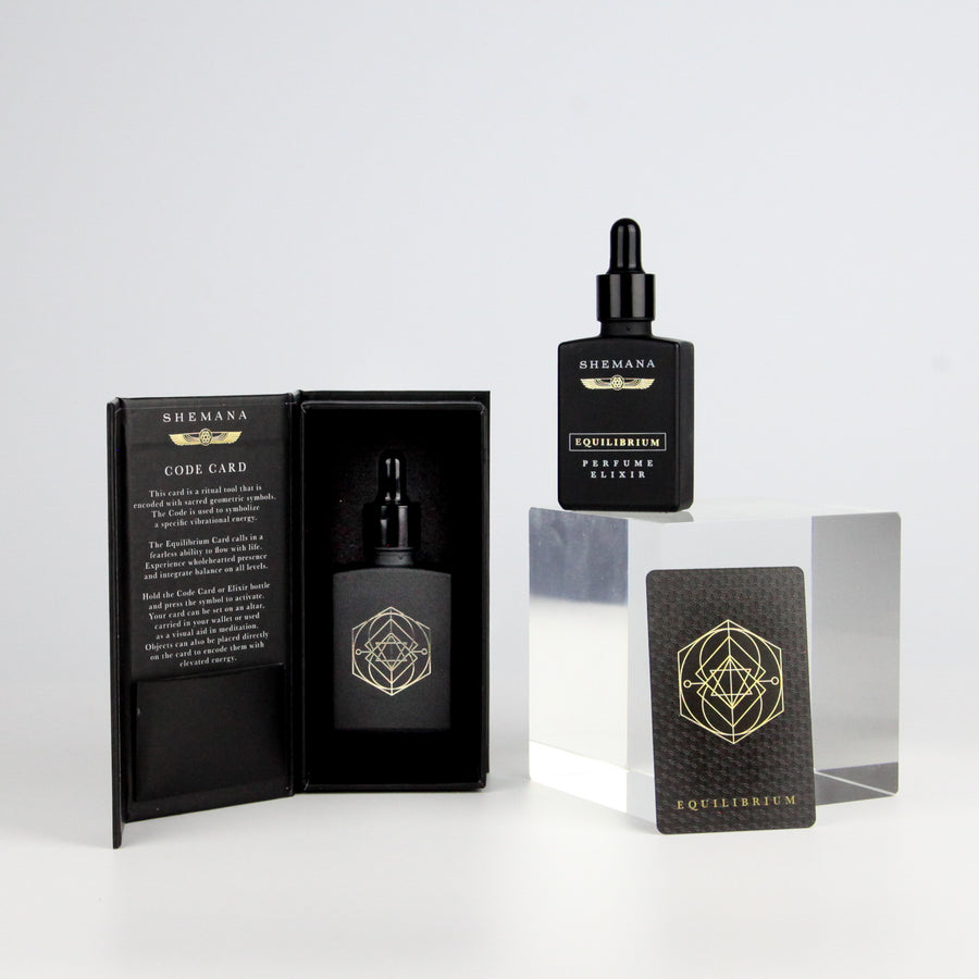 black glass perfume bottle, Gold Shemana logo, code card, black magnetic box
