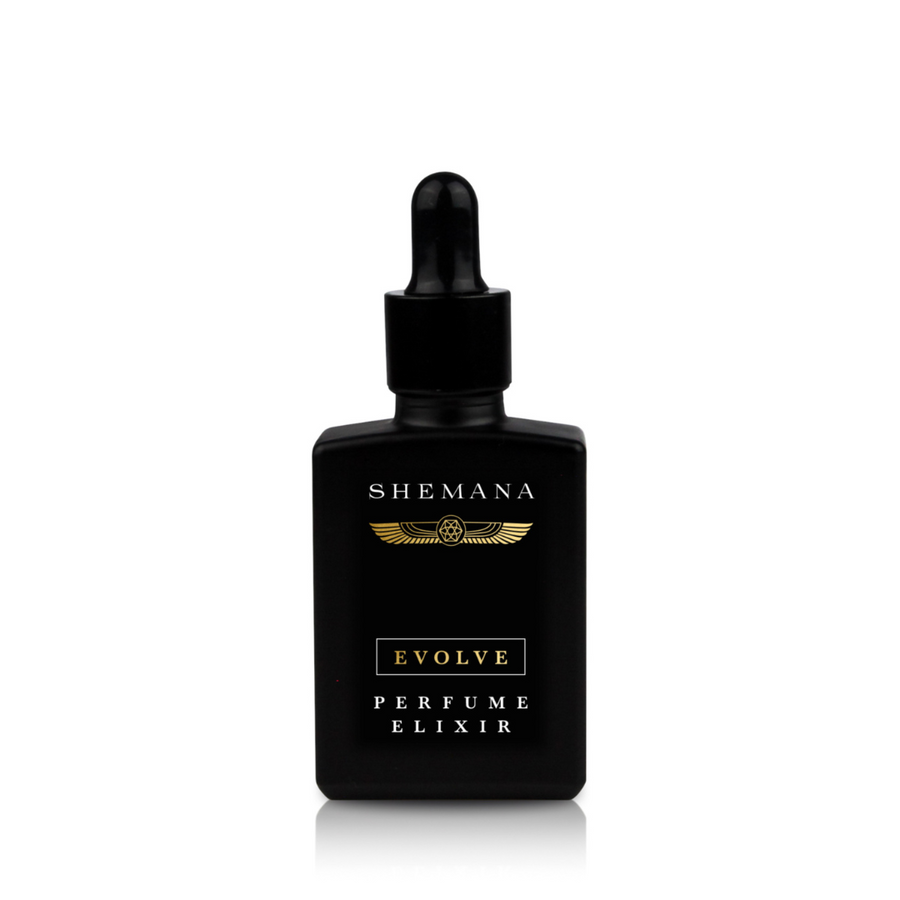 Black perfume bottle, Gold Shemana logo, Evolve, Elixire, dropper, 30ml, Black dropper