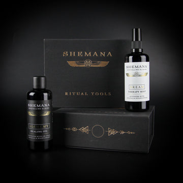 body oil and body mist with essential oils in a black and gold box Shemana logo miron bottles